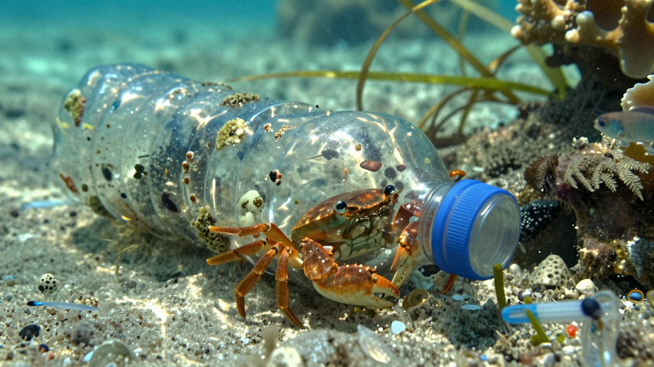 Caranguejo preso dentro de garrafa de plástico submersa no fundo do mar entre corais e algas.