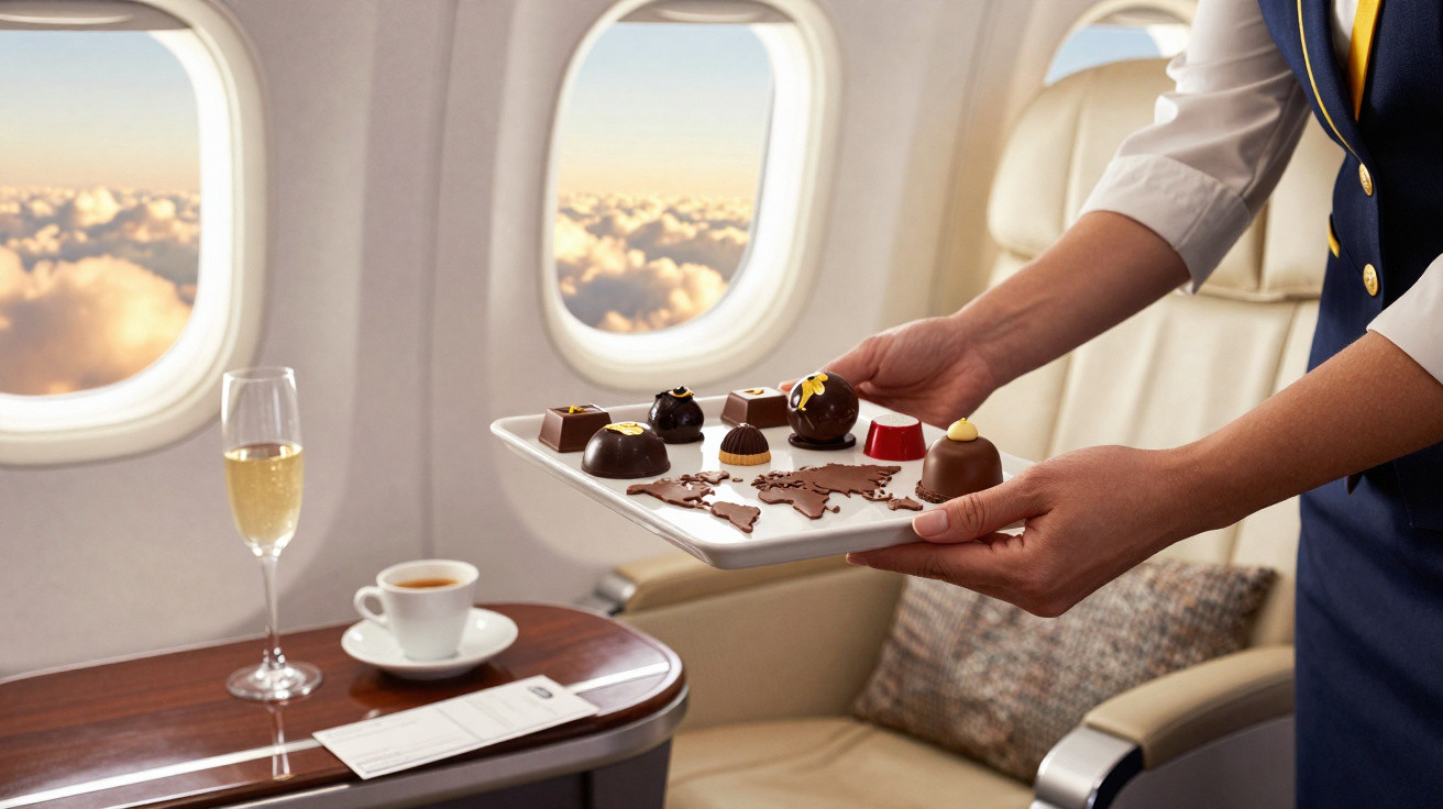 Comissária a servir seleção de chocolates artísticos num avião, com vista para as nuvens pela janela.