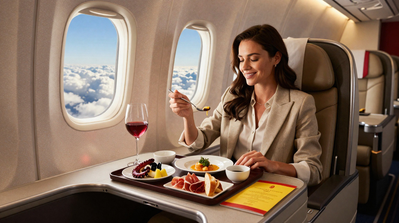 Mulher sorridente almoçando com vinho numa mesa de restaurante num avião com vista para o céu.