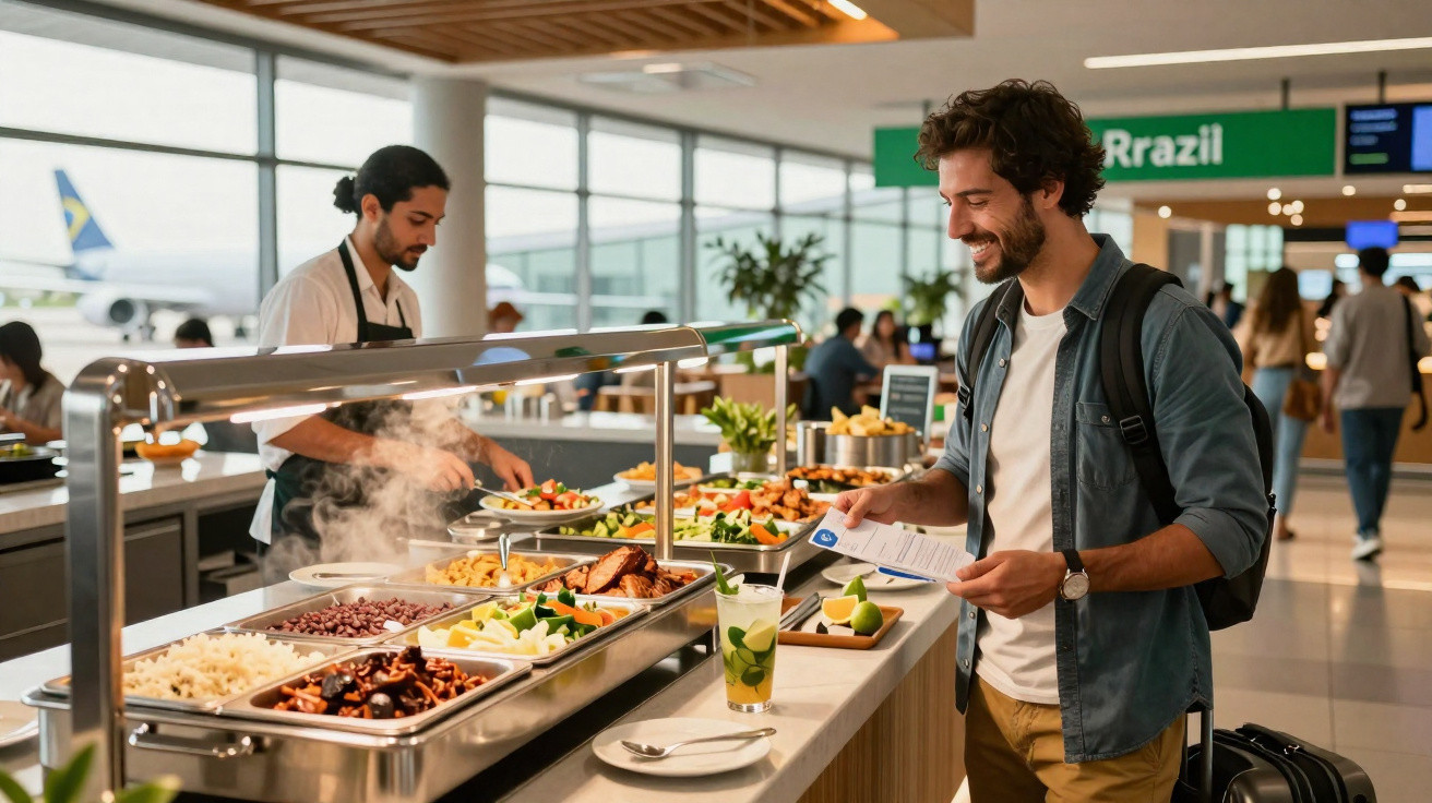 Homem com mala e documento escolhe comida em buffet quente de restaurante de aeroporto.