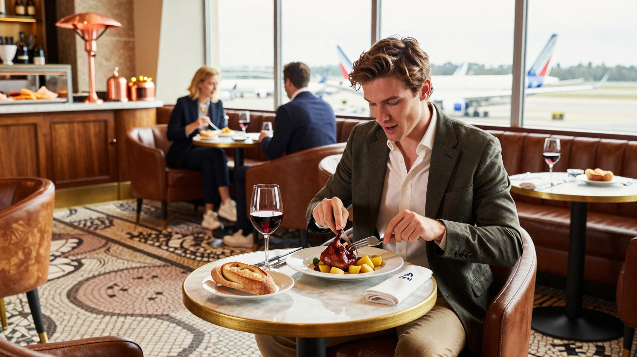 Homem a almoçar num restaurante com janelas para o aeroporto, com prato de carne, pão e copo de vinho tinto.