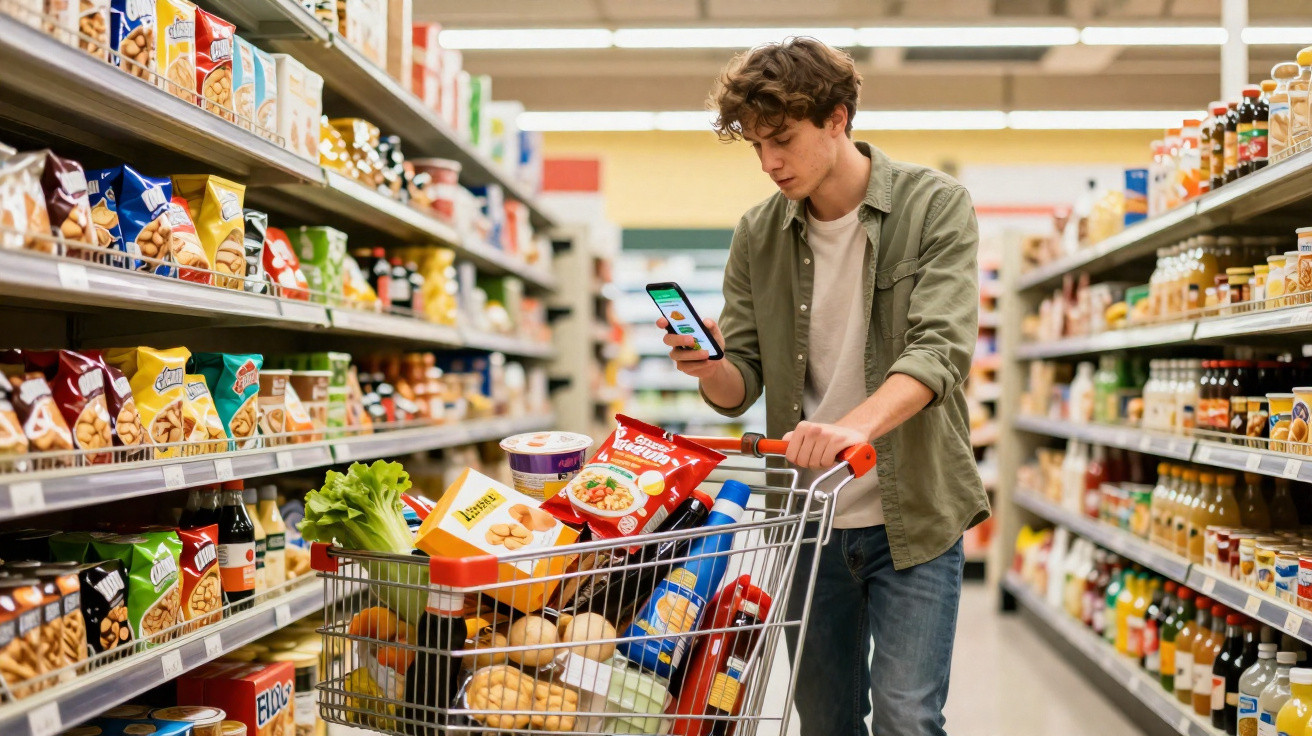 Homem jovem faz compras num supermercado, consultando lista no telemóvel, com carrinho cheio de compras variadas.