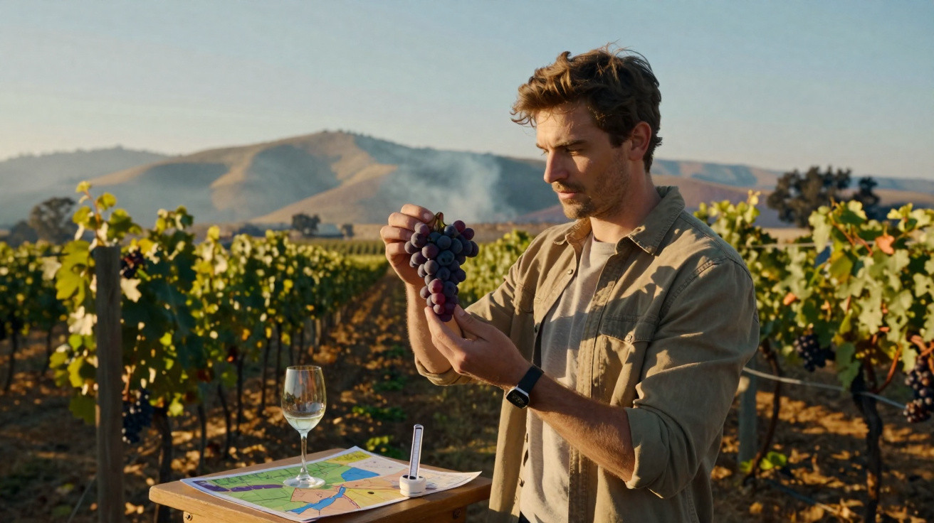 Homem inspeciona cachos de uvas numa vinha ao pôr do sol com copo de vinho e mapas sobre mesa.