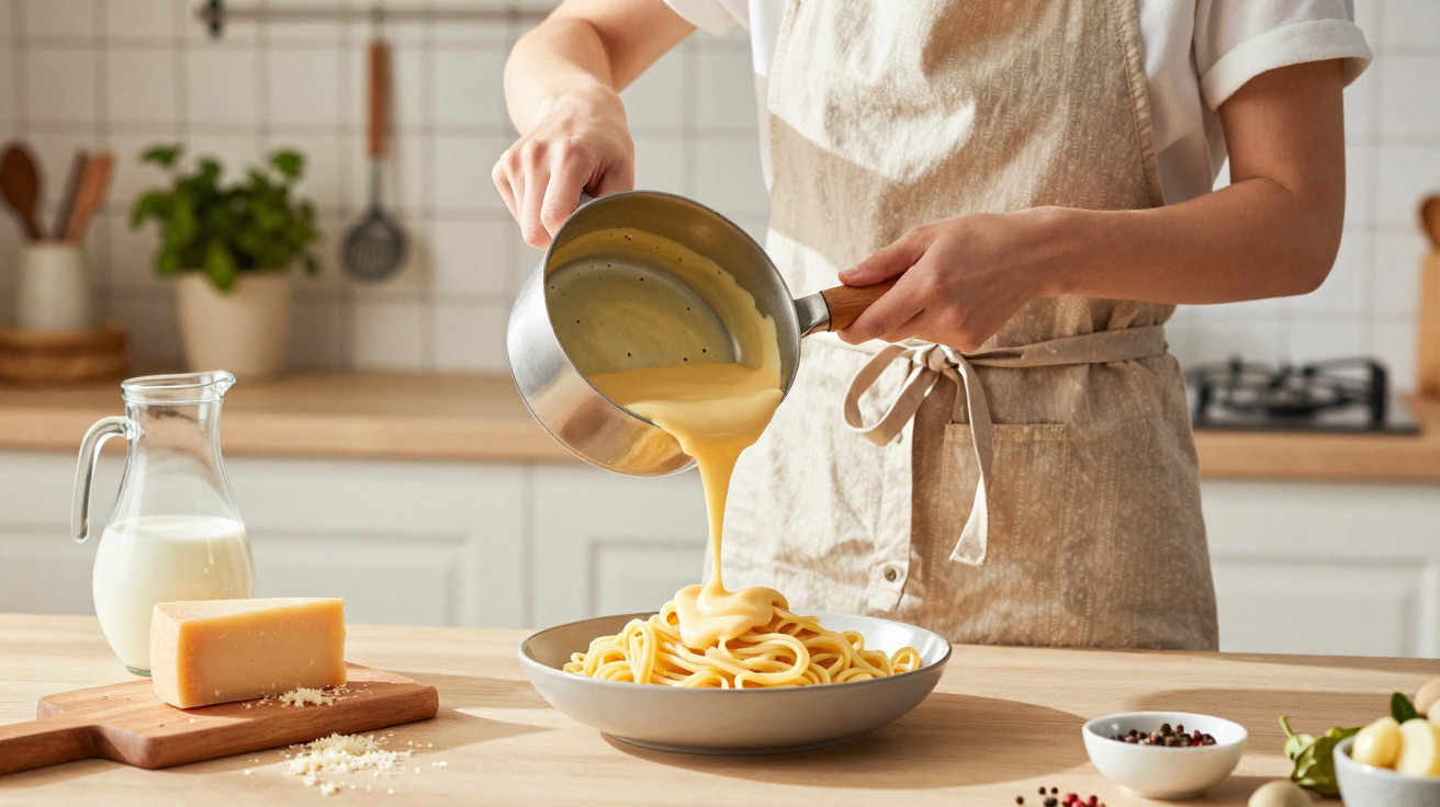 Pessoa a servir molho cremoso de queijo sobre esparguete num prato numa cozinha.