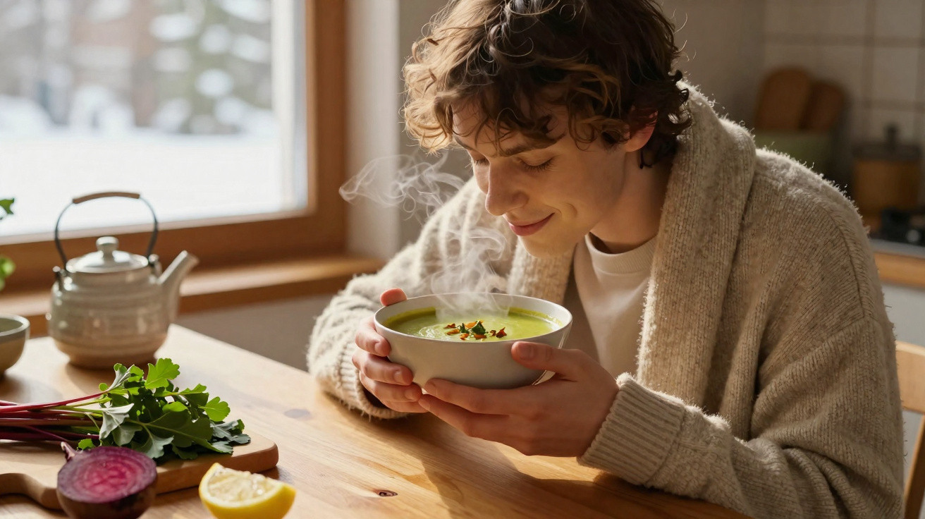 Pessoa a cheirar sopa quente numa tigela numa cozinha acolhedora com ingredientes frescos na mesa.