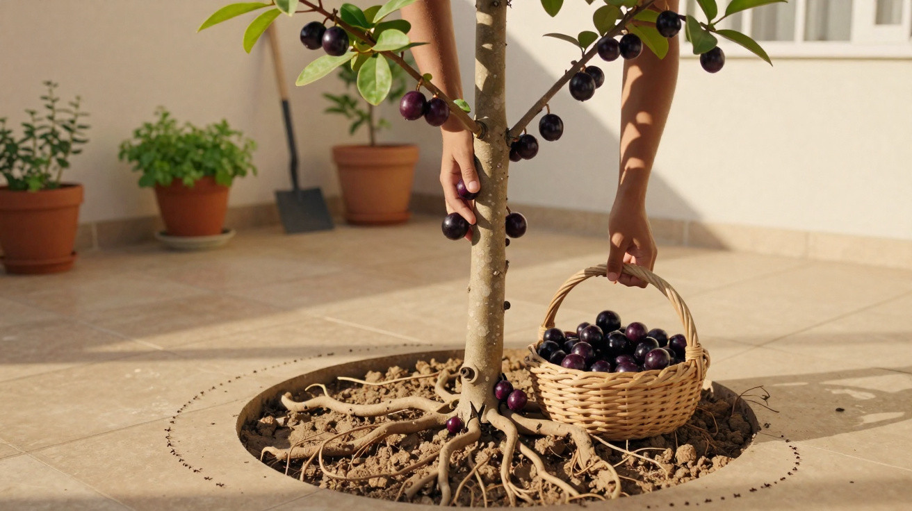 Pessoa a apanhar jabuticabas de uma árvore num vaso grande, com um cesto cheio de frutos.