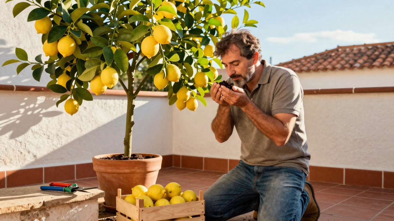Homem a cheirar terra junto a uma pequena árvore de limão numa varanda ensolarada.