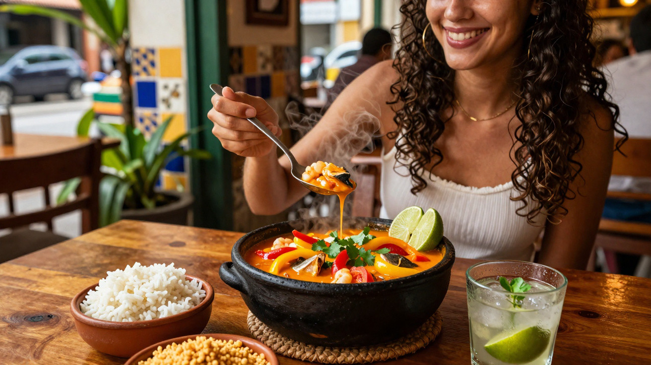 Mulher a sorrir, a provar sopa quente de marisco com arroz e bebida com lima numa mesa de restaurante.