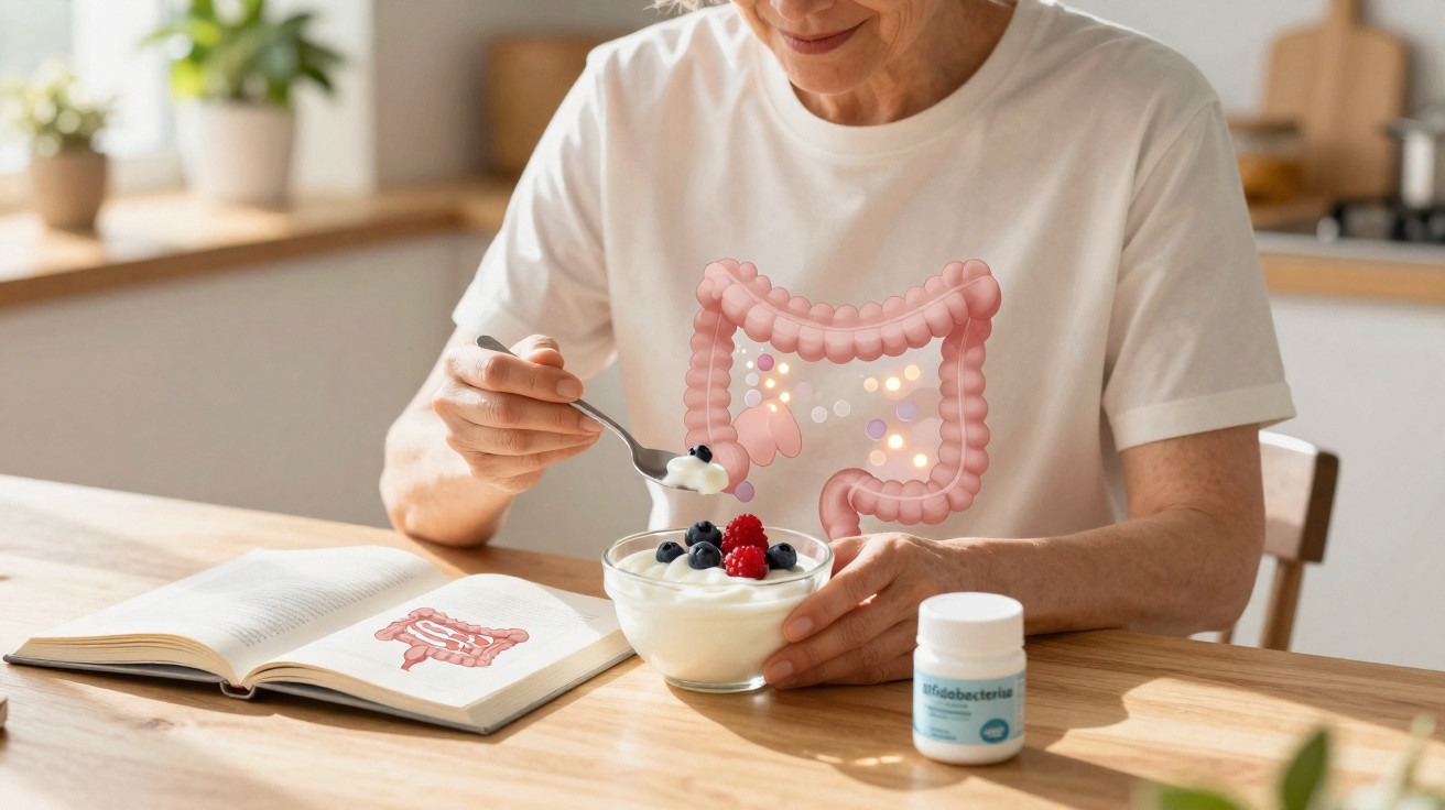Pessoa a comer iogurte com frutos silvestres, com ilustração do intestino e probióticos na mesa.