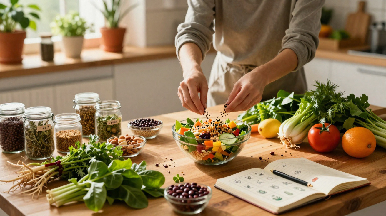 Pessoa a preparar salada com legumes frescos e sementes numa cozinha iluminada com plantas e livro aberto.