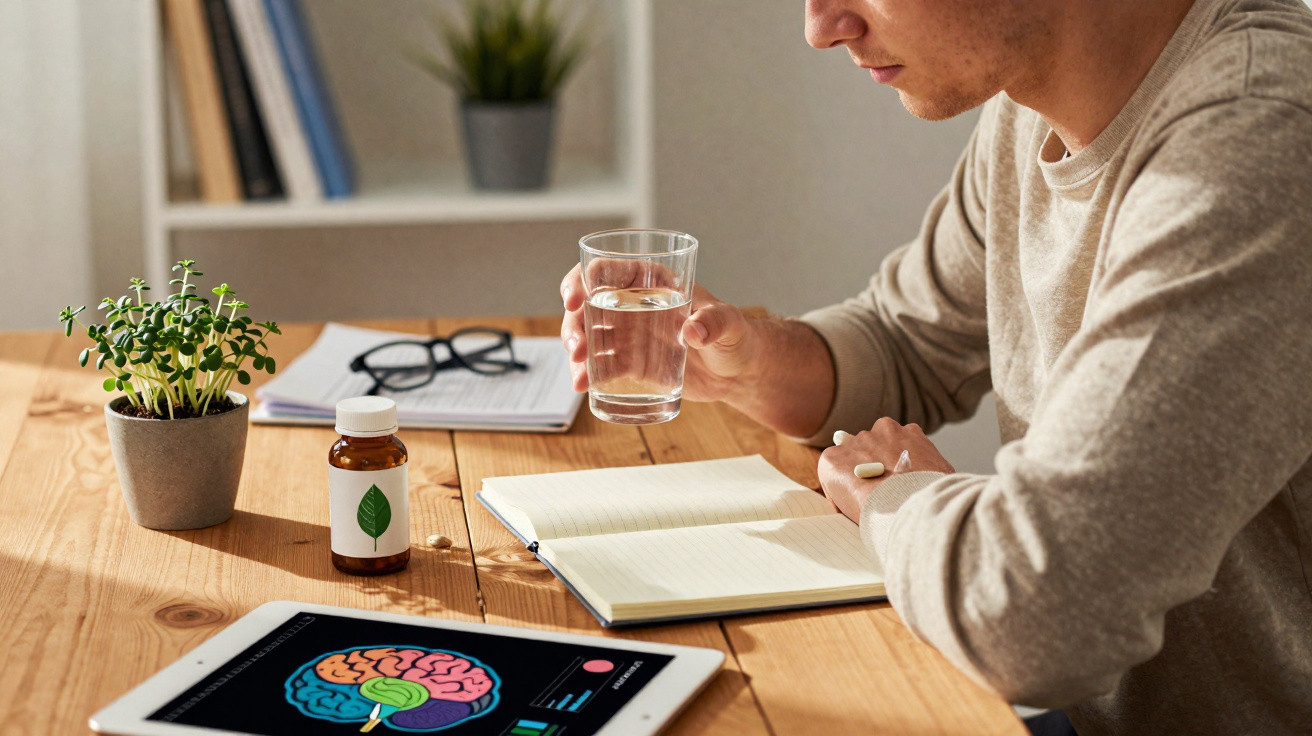 Pessoa a tomar comprimidos com um copo de água, à mesa com tablet, caderno, e frasco de medicamentos.