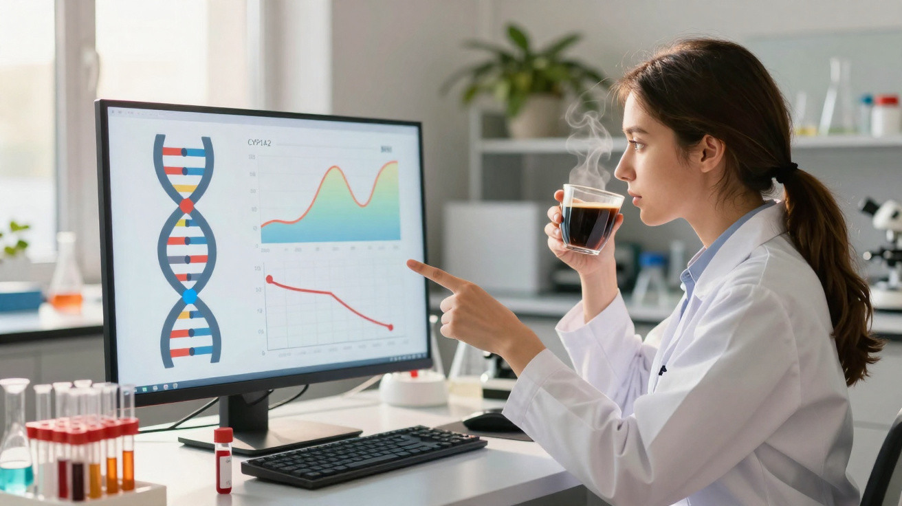Cientista a beber café e a analisar gráficos e estrutura de ADN num ecrã de computador no laboratório.