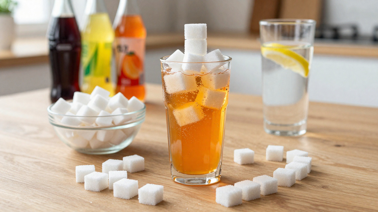 Copo de refrigerante com cubos de açúcar, cubos espalhados na mesa e bebida com fatia de limão ao fundo.