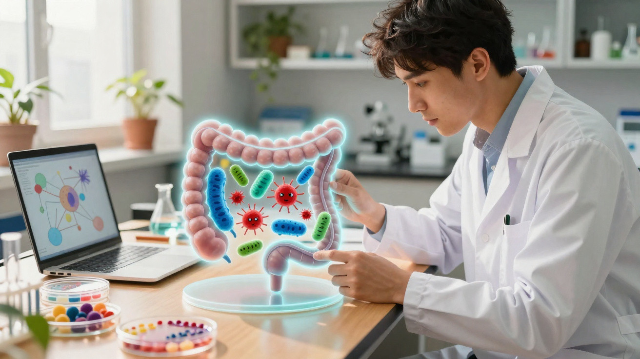 Cientista a analisar modelo virtual de intestino com bactérias e vírus numa mesa de laboratório.