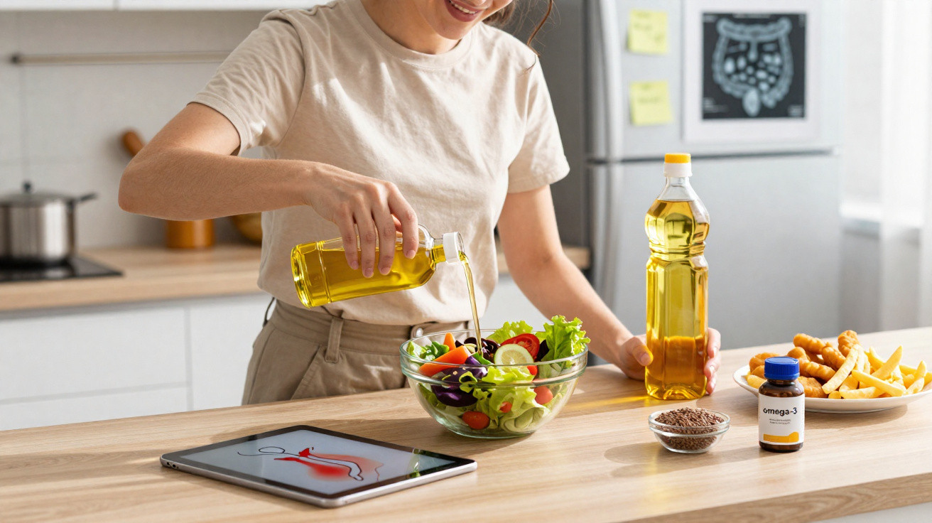Mulher a temperar salada com azeite na cozinha, com tablet e suplementos no balcão.
