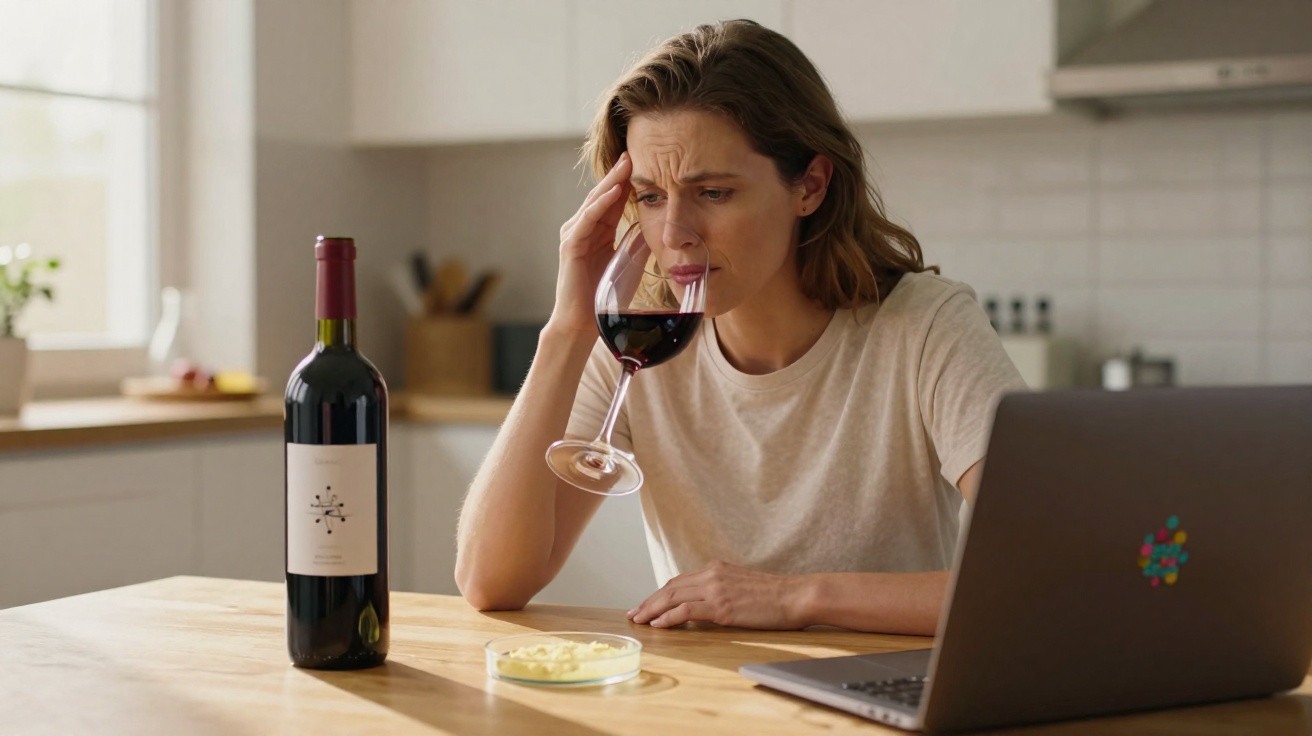 Mulher preocupada a cheirar copo de vinho tinto na cozinha com garrafa, computador e prato pequeno na mesa.