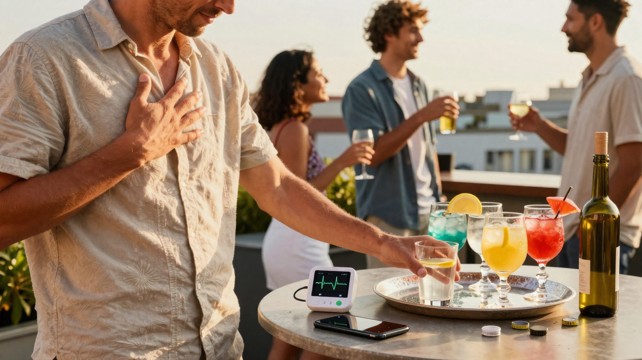 Homem verifica frequência cardíaca com monitor num terraço, enquanto outros conversam e bebem cocktails.