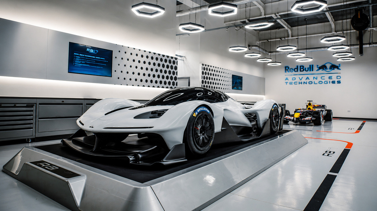 Carro de corrida futurista branco em exposição na garagem da Red Bull Advanced Technologies.