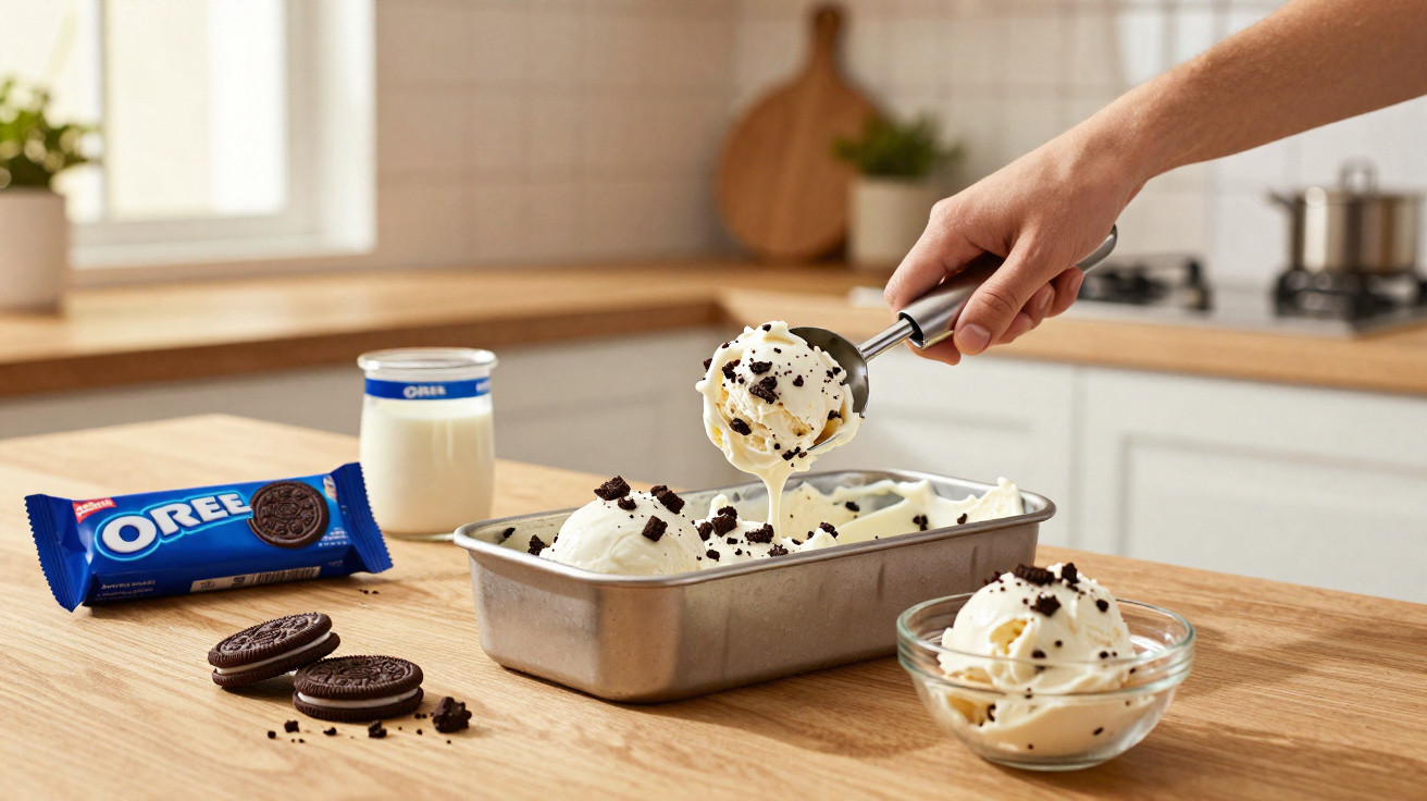 Mão a servir gelado de baunilha com pedaços de bolacha Oreo em taça, pacote de Oreo e iogurte em cozinha.
