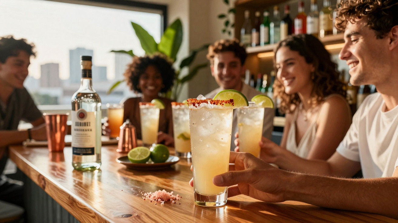 Grupo de amigos a beber cocktails com limão num bar moderno e acolhedor.