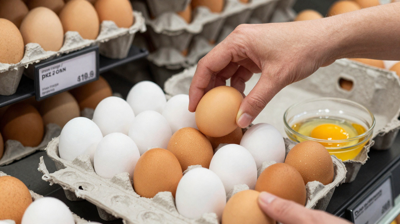 Mãos a pegar ovo castanho numa bandeja com ovos castanhos e brancos, ao lado de prato com ovo partido.