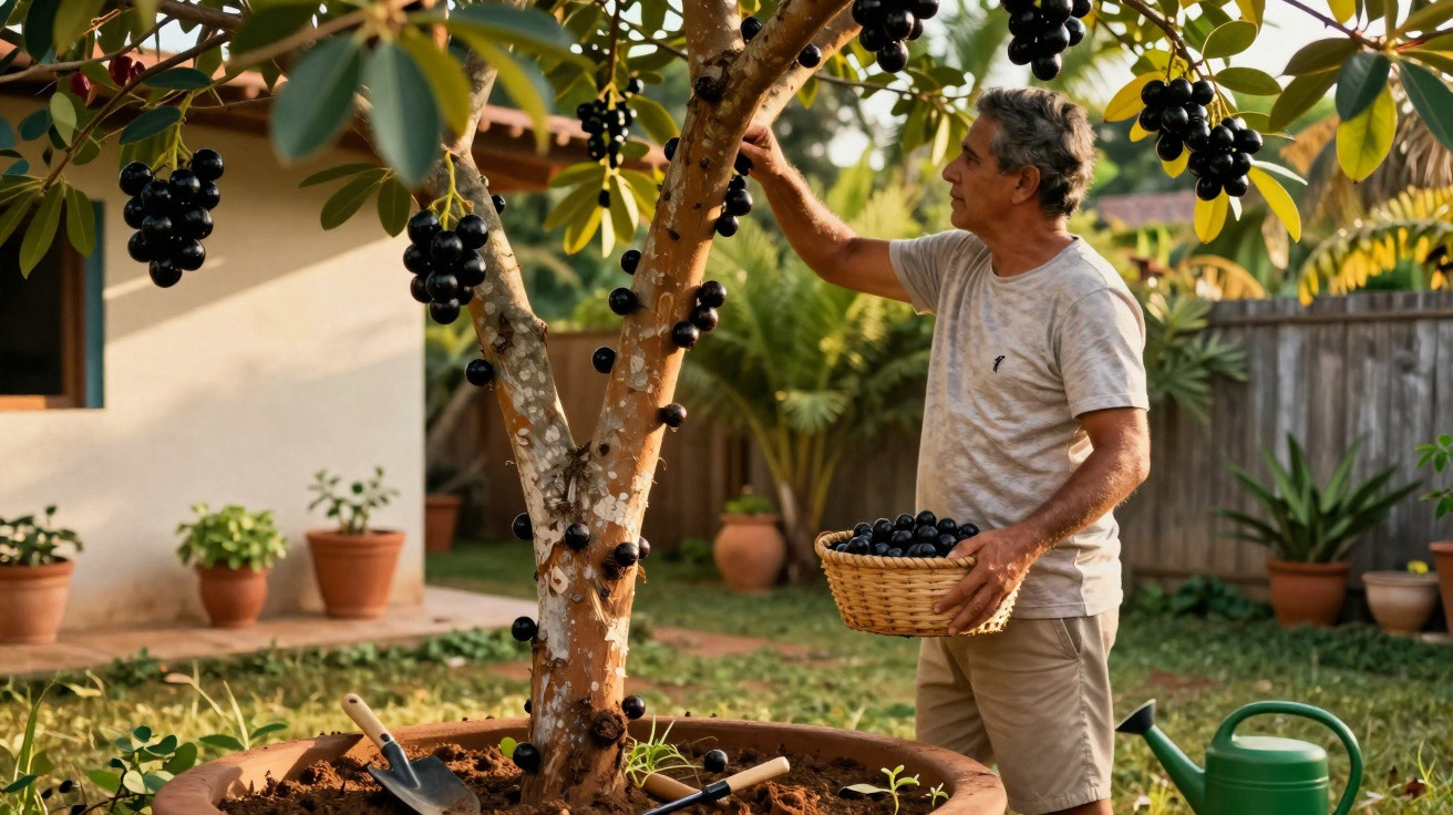 Homem a colher jabuticabas de árvore plantada num vaso grande num jardim com plantas e regador ao lado.