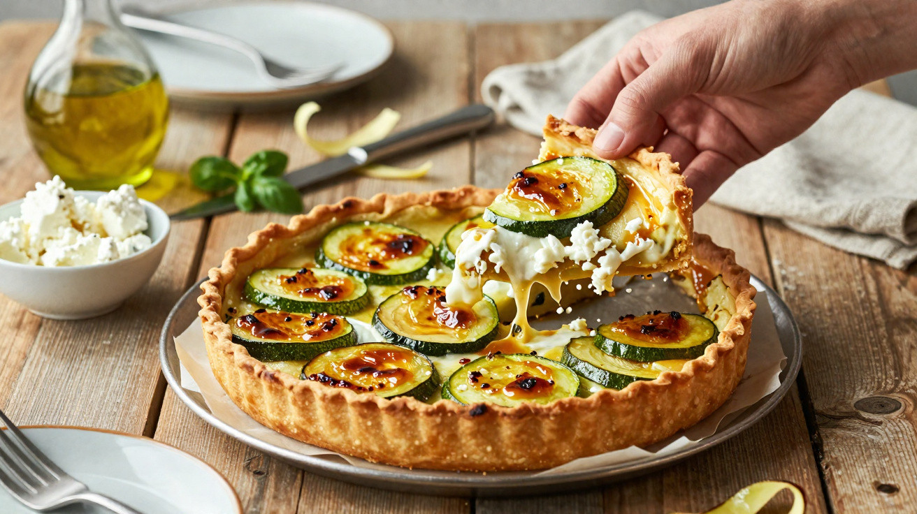 Pessoa a servir fatia de tarte rústica de curgete com queijo derretido numa mesa de madeira.