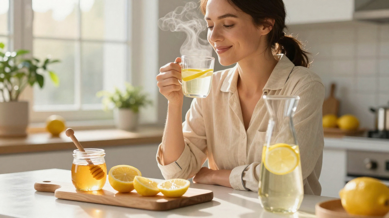 Mulher sorridente a beber chá de limão quente numa cozinha luminosa e acolhedora.