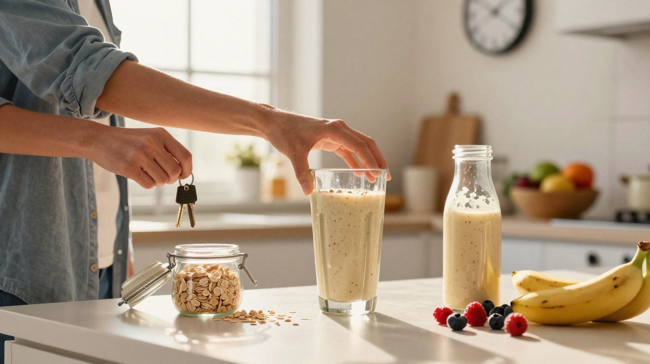 Pessoa segura chaves e copo com batido junto a aveia, frutas e garrafa numa cozinha iluminada.