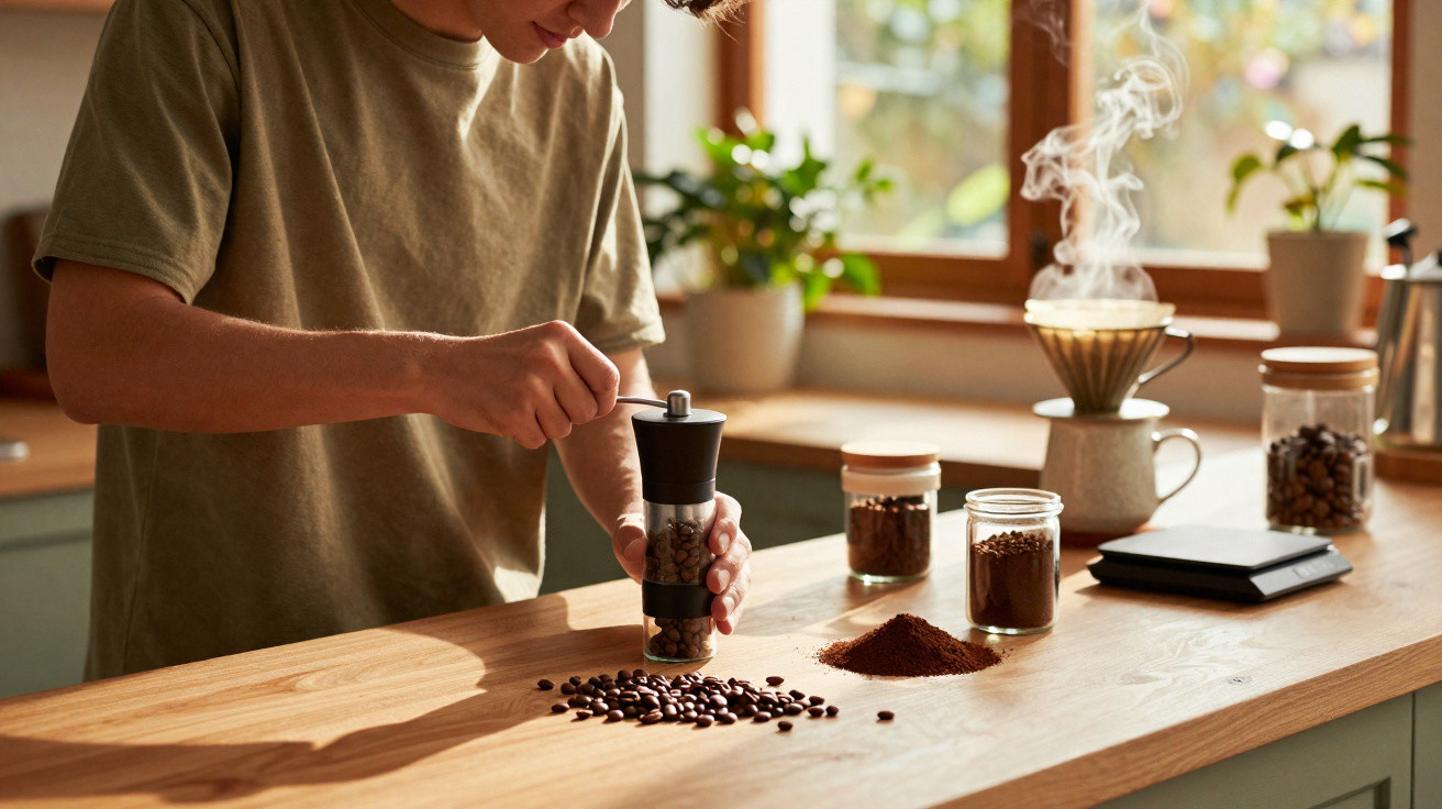Pessoa a moer café em grão numa cozinha com luz natural e utensílios para preparar café na bancada.