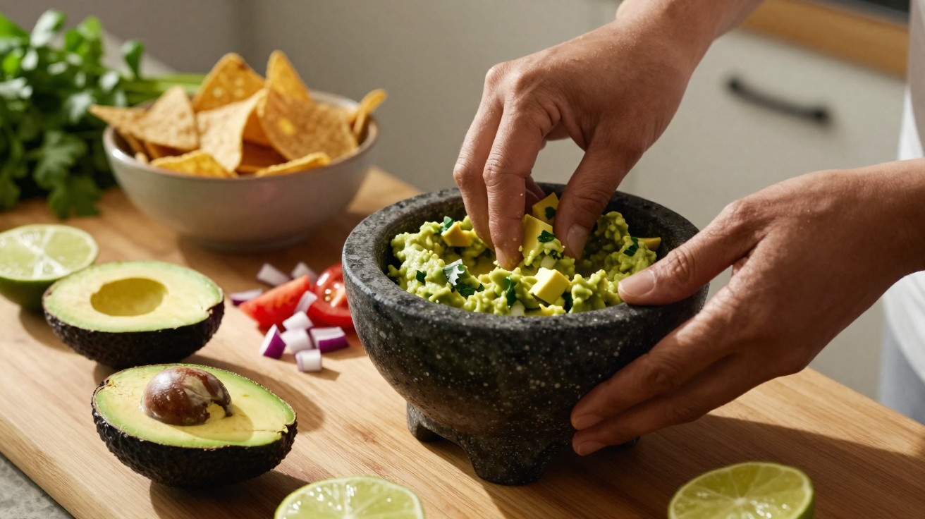 Pessoas a preparar guacamole com abacate, limão, tomate, cebola e chips de tortilla numa mesa de madeira.