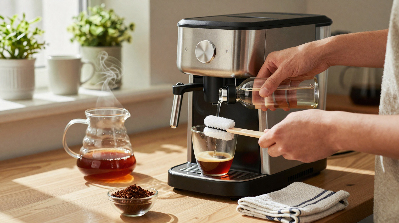 Pessoa a limpar uma máquina de café expresso com escova e água numa cozinha iluminada.