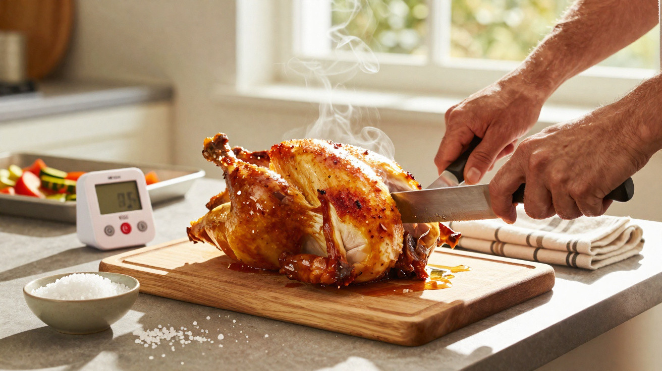 Pessoa a cortar frango assado quente numa tábua numa cozinha iluminada pela janela.