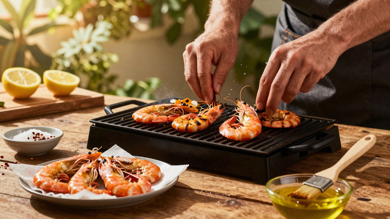Mãos a temperar camarões grelhados numa chapa, com limões, sal e azeite numa mesa de madeira.