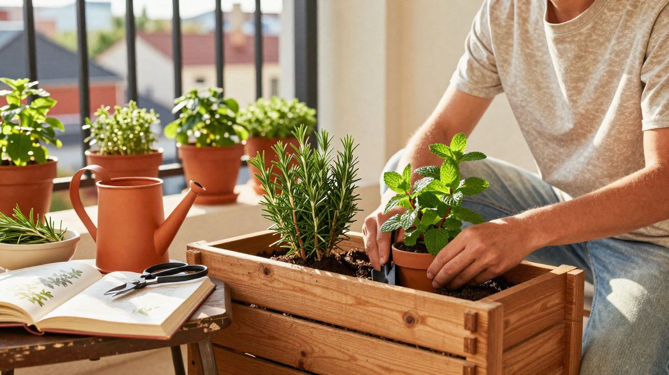 Pessoa a cuidar de plantas aromáticas em vaso de madeira numa varanda ensolarada.