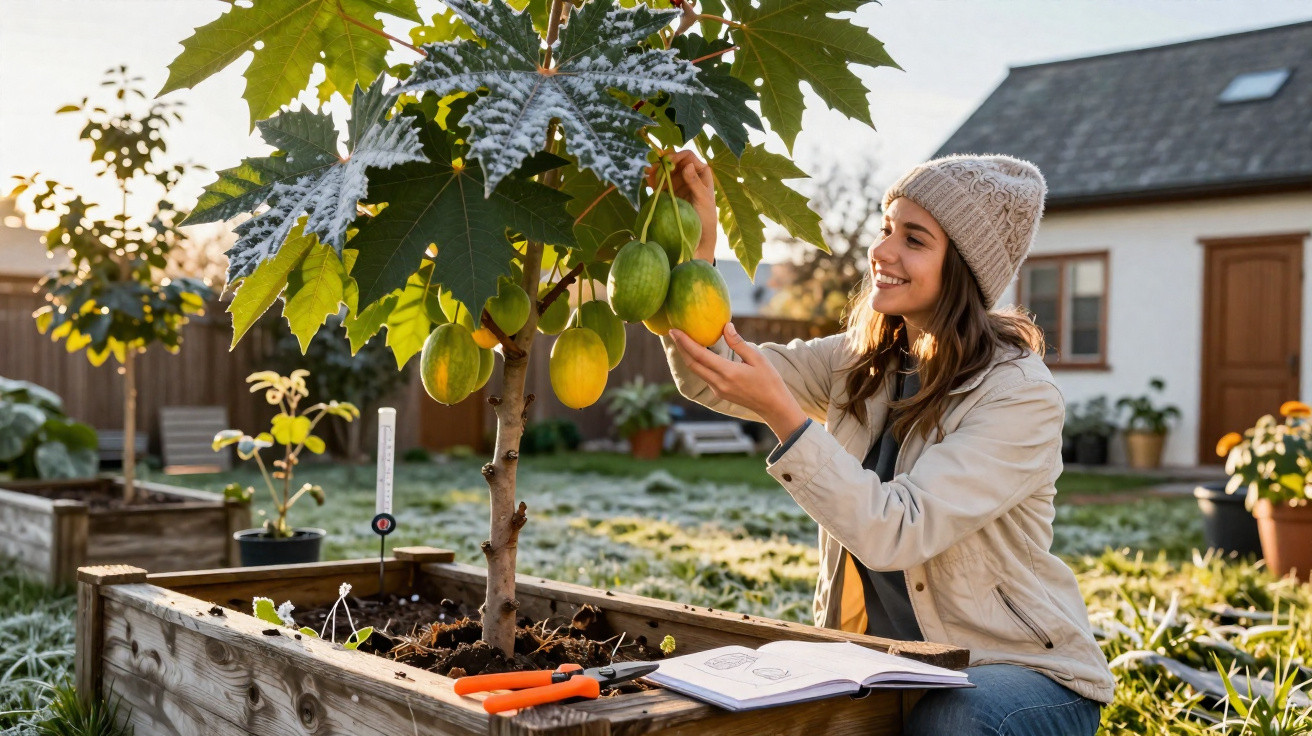 Mulher jovem sorridente a colher frutas de uma árvore num jardim com canteiros de madeira.