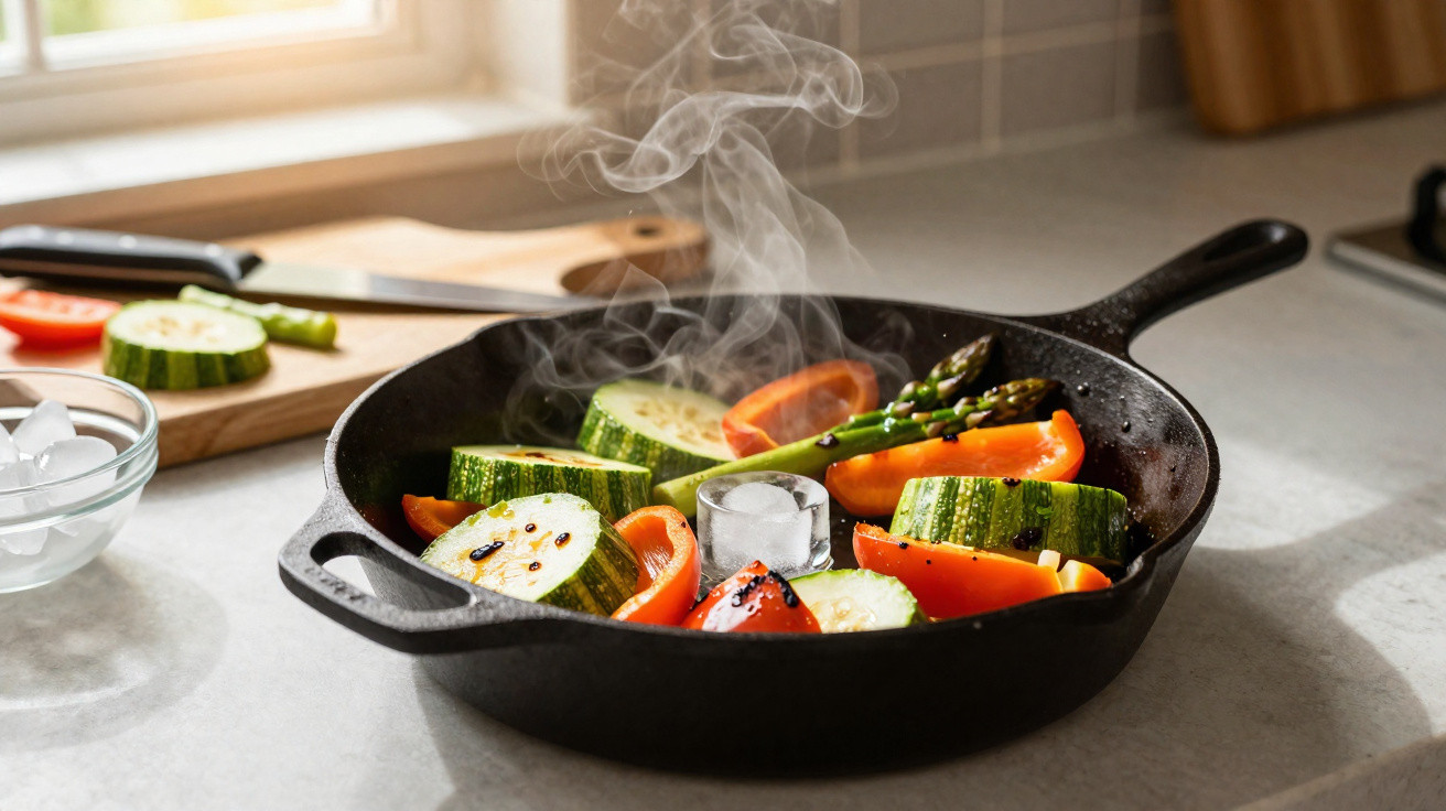 Legumes frescos a cozinhar numa frigideira preta com vapor e um cubo de gelo no centro.