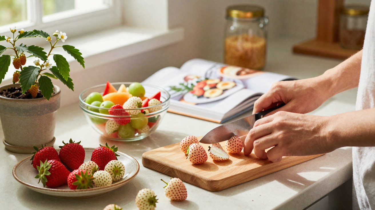 Pessoa a cortar morangos brancos e vermelhos numa tábua de cozinha com tigelas de fruta e livro de receitas ao fundo.