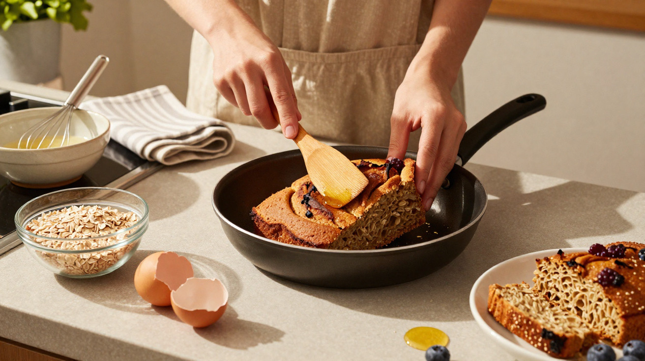 Pessoa a retirar uma fatia de bolo de aveia com frutos silvestres numa frigideira na cozinha.