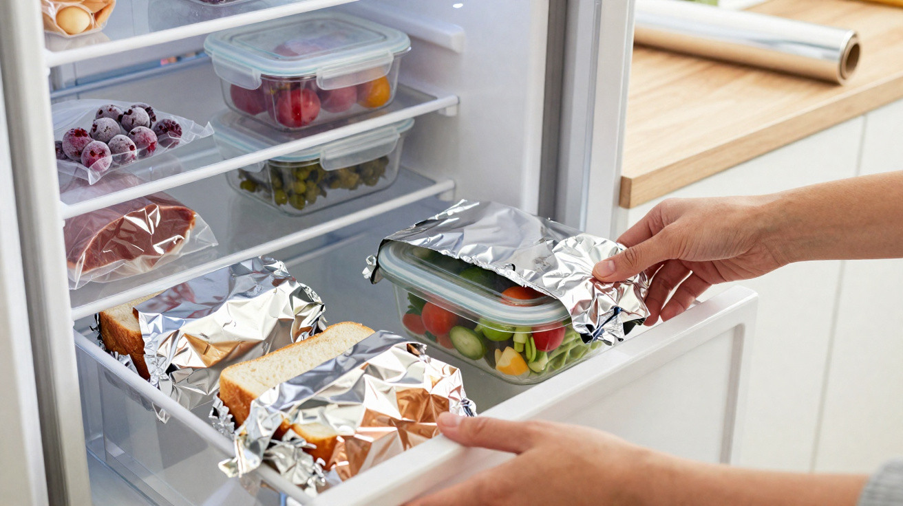 Frigorífico aberto com comida embaladas em papel de alumínio e recipientes plásticos dentro, mãos a fechar recipiente.