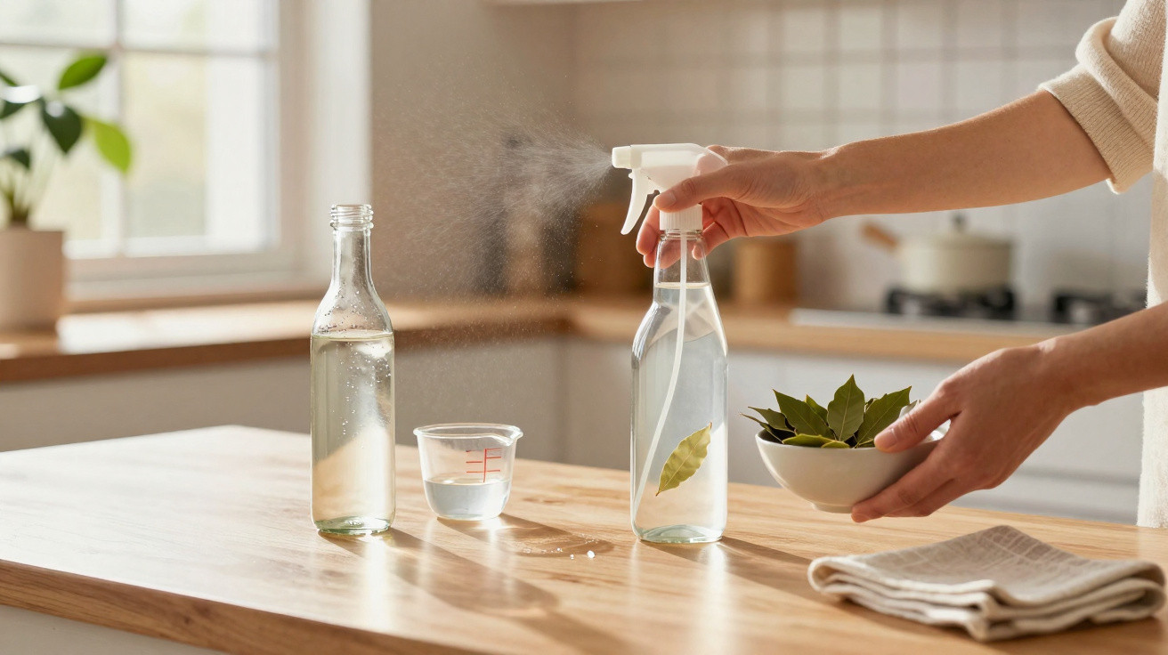 Mãos a pulverizar solução com folhas num frasco de vidro numa cozinha iluminada, com toalha e recipiente ao lado.