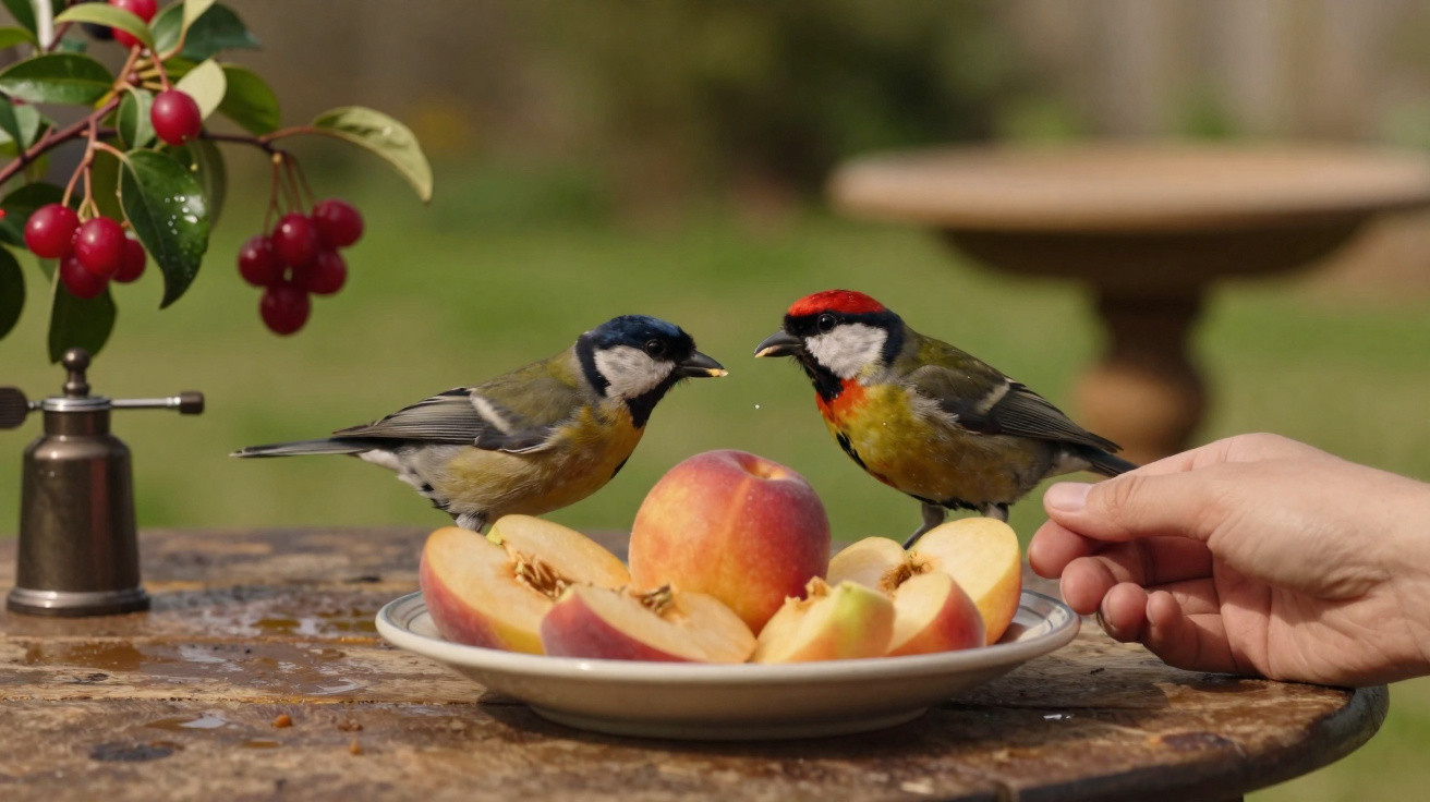 Dois pássaros pousados num prato com pêssegos cortados, com uma mão humana perto deles numa mesa.