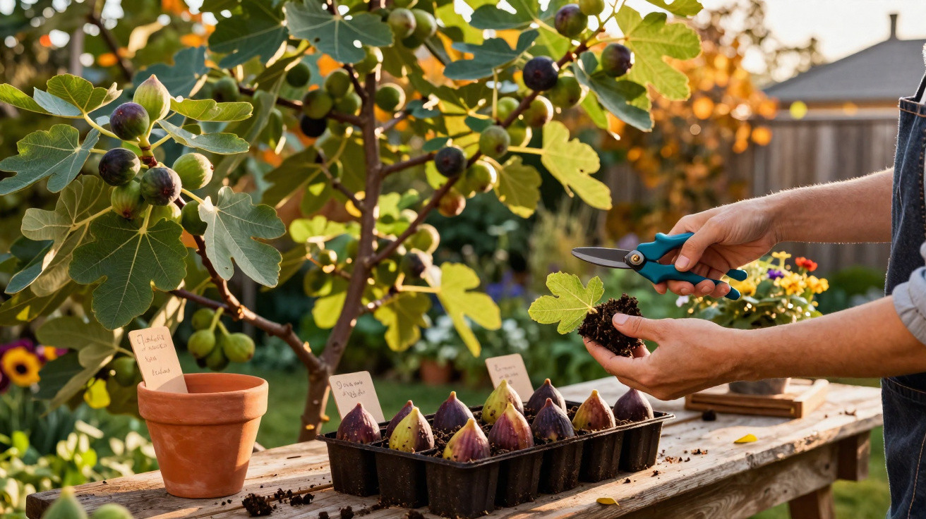 Pessoa segura muda de figueira com tesoura de poda em jardim com figueiras e frutos maduros ao fundo.