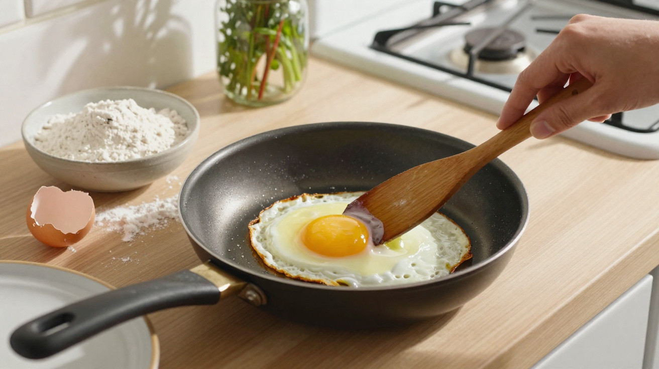 Ovo a fritar numa frigideira preta, com mão a mexer com espátula de madeira numa cozinha clara.