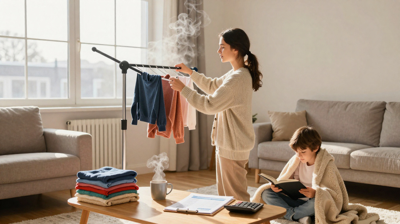 Mulher a pendurar roupa num estendal interior enquanto criança lê um livro enrolada numa manta no sofá.