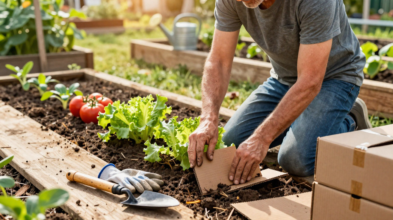Homem a fazer jardinagem, plantando entre alface e tomates num canteiro de madeira.