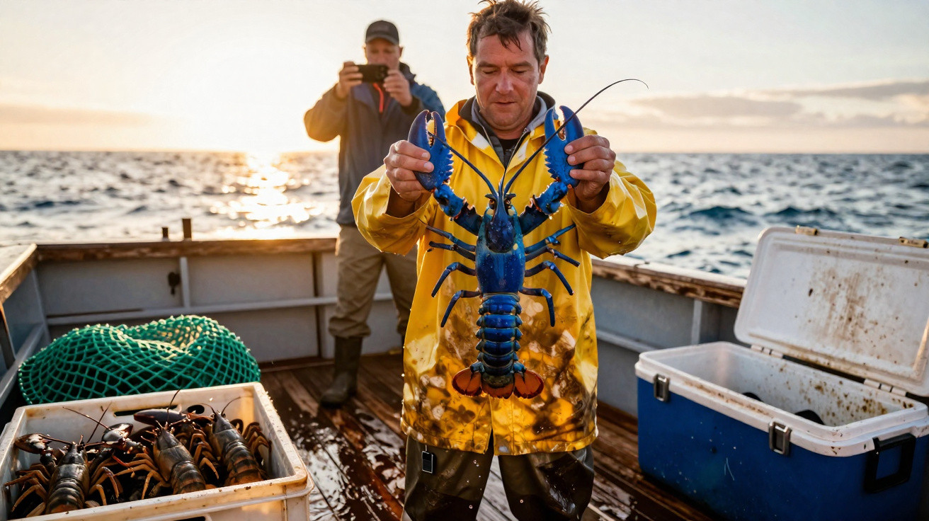 Pescador segura lagosta azul numa embarcação, com outro a tirar foto ao fundo durante o pôr do sol no mar.