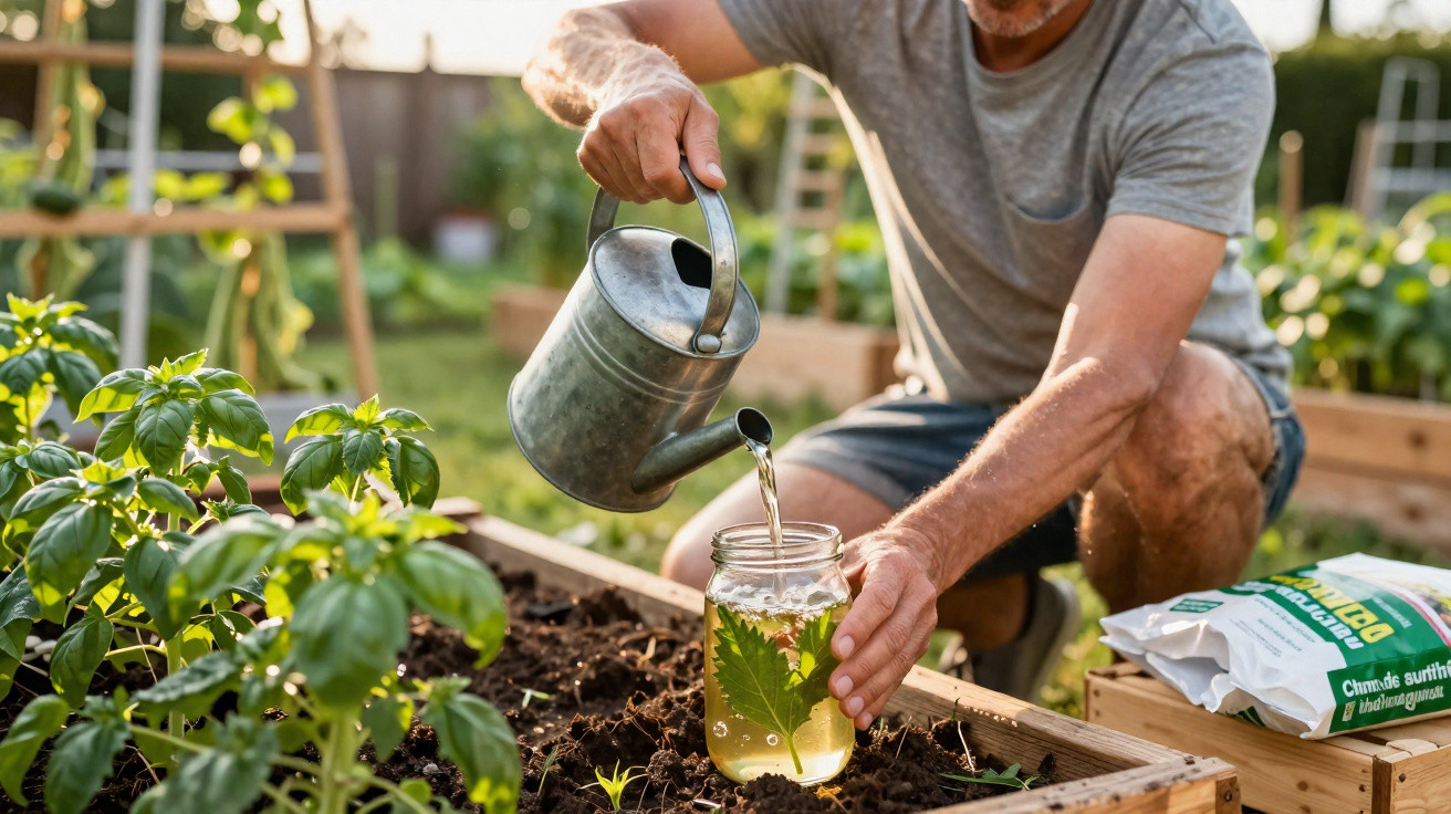 Homem rega plantas num jardim, usando regador e um frasco com líquido e folhas.