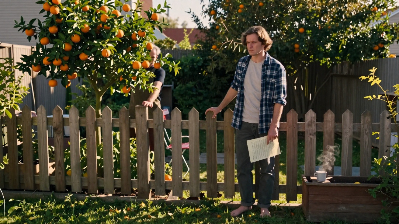 Jovens num jardim com árvores de laranja, perto de uma cerca de madeira e mesa com chá fumegante.