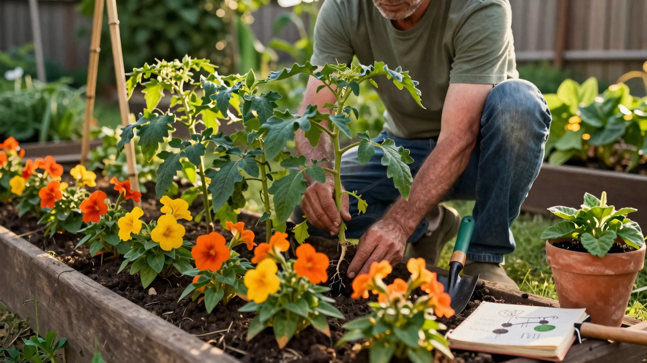Homem a cuidar de planta de tomate num canteiro com flores amarelas e laranjas numa horta doméstica.